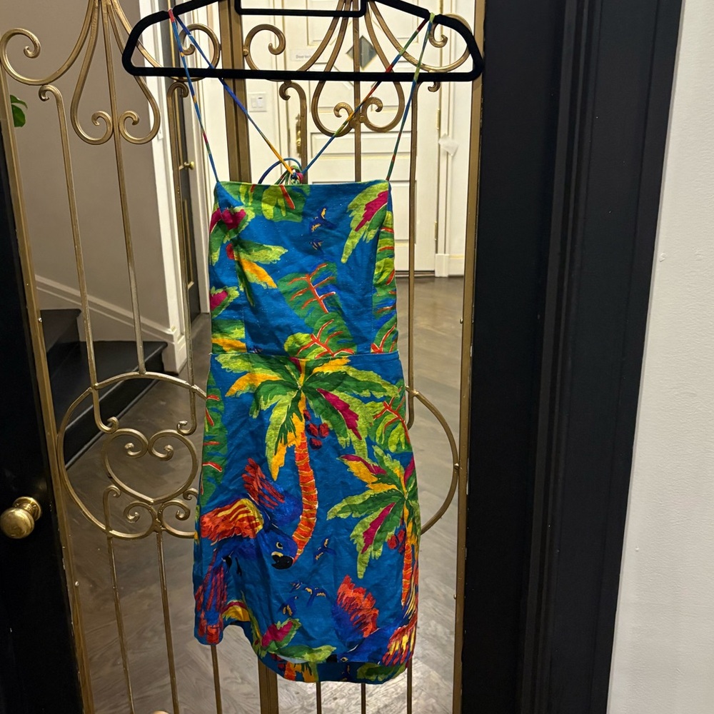 Anthropologie farm Rio linen corset back dress tropical palms parrot beaded s